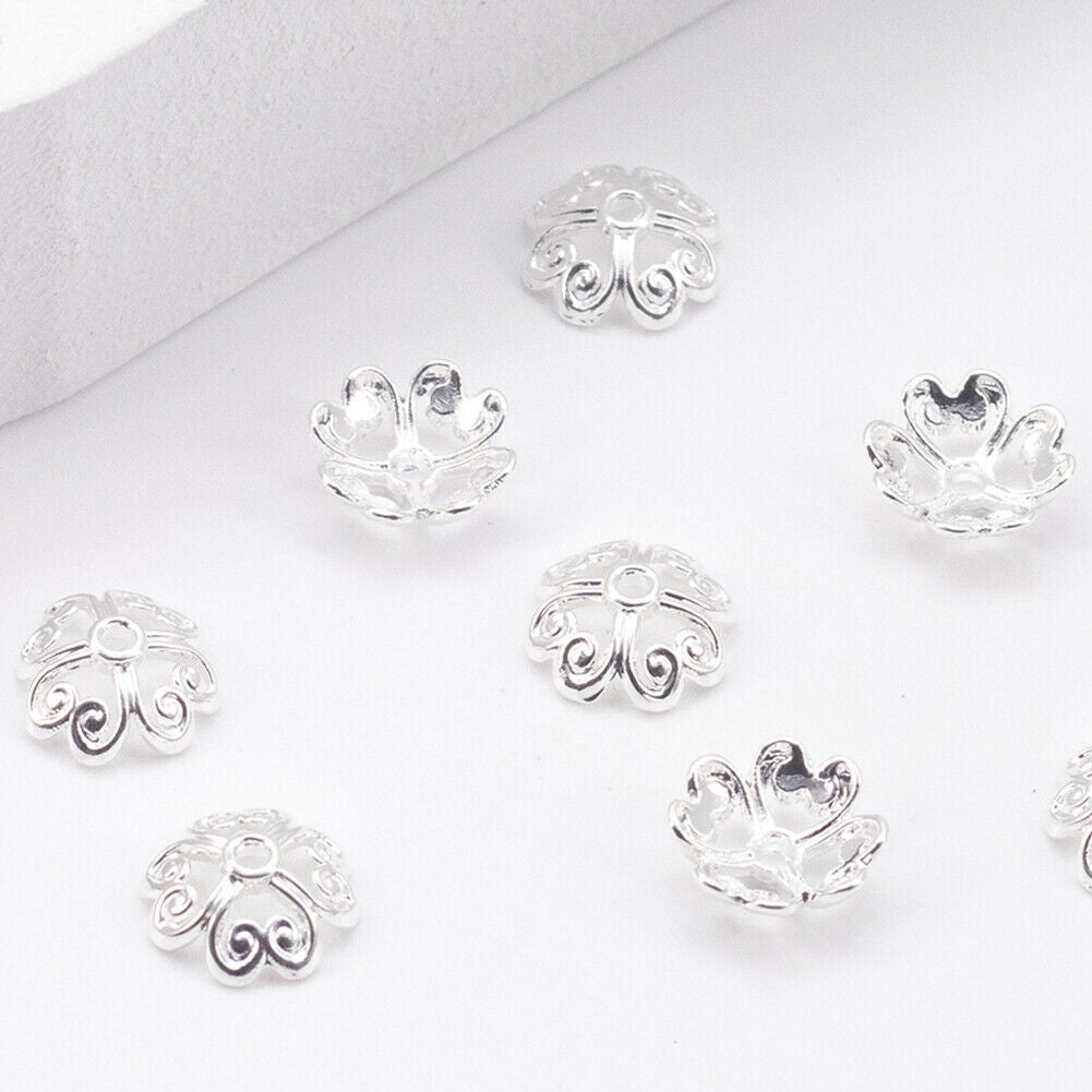 US 10Pc 925 Sterling Silver Heart Filigree Flower Shape Bead Cap Jewelry Making