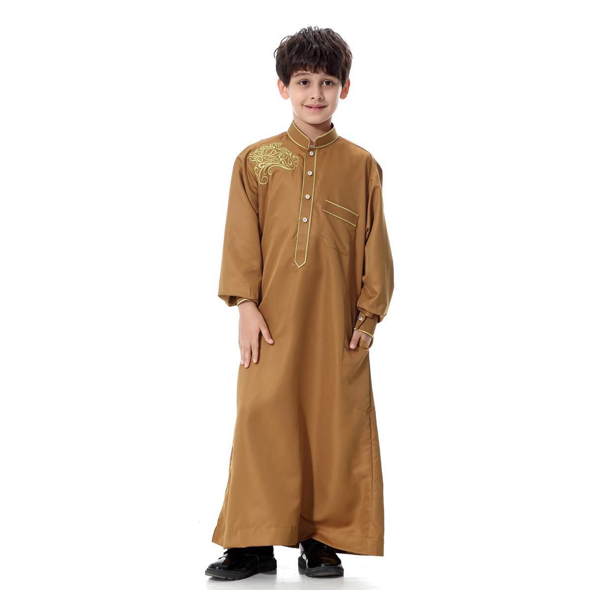 Arabic Thobe Muslim Thobe Kaftan Stand Collar Robe with Botton for Boy