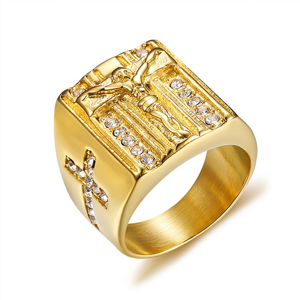 US Mens Stainless Steel Gold Plated CZ Jesus Cross Crucifix Ring Size 7 8-12