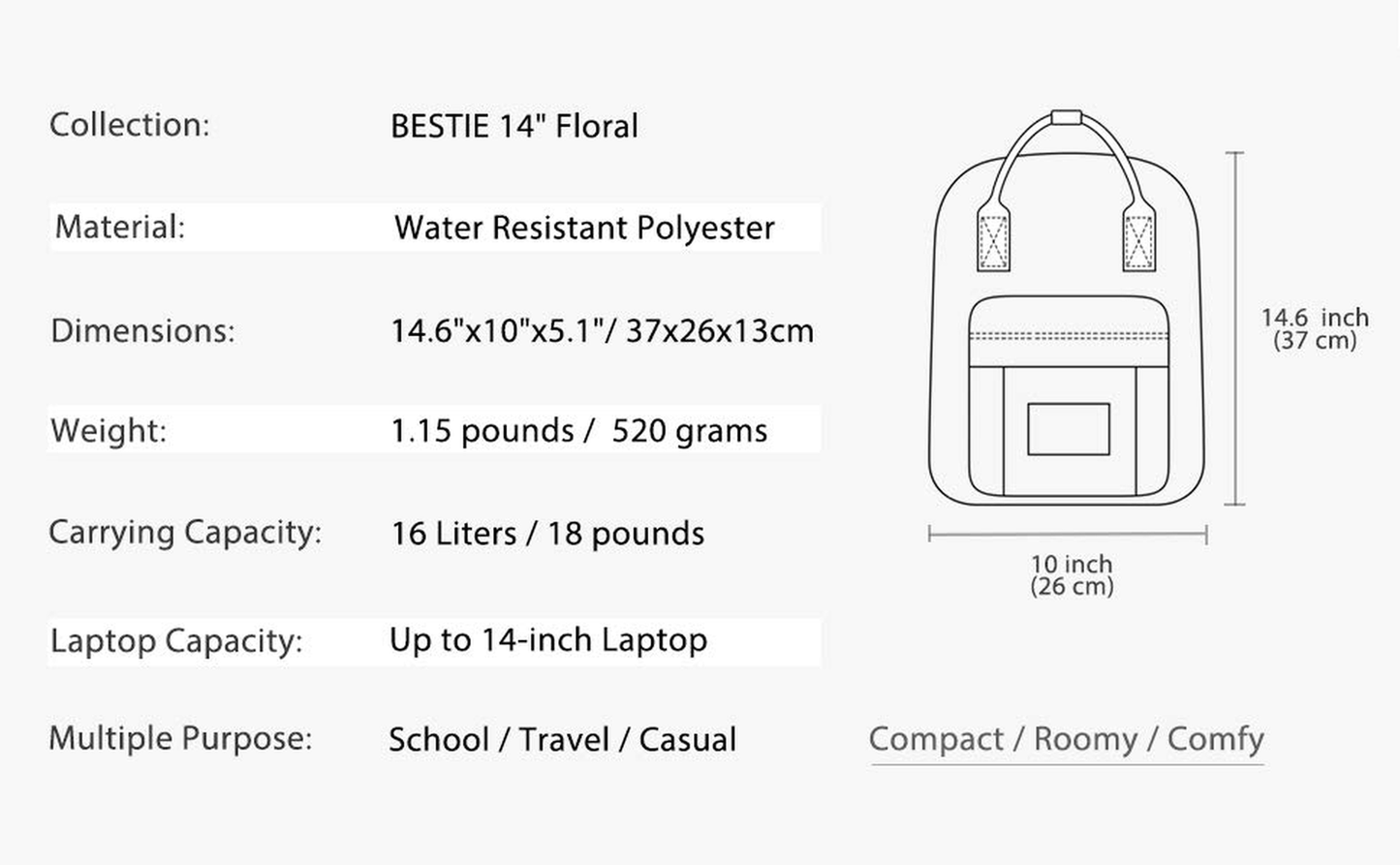 BESTIE 14" College Bookbag Backpack Cute for Women, 14.6"x10.3"x5.1"