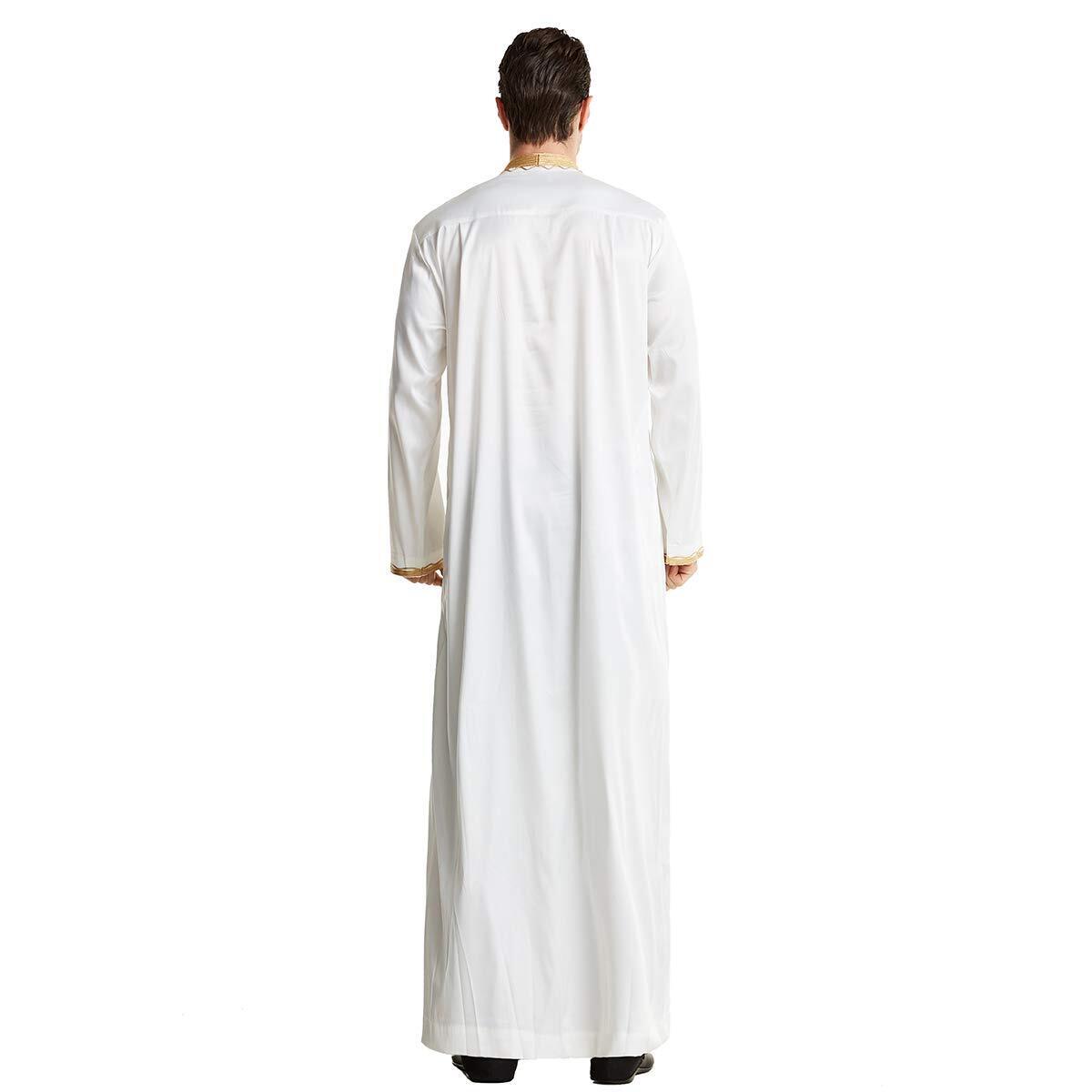 Men Arabic Long Sleeve Embroidery Thobe Stand Collar Kaftan Robe