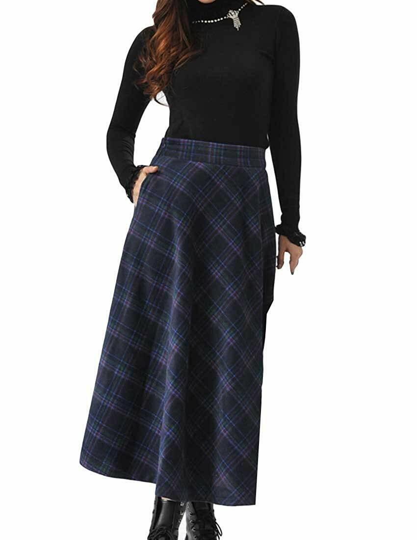 MFrannie Women's Thicken Wool Fashional Classy Grid Long Skirt With Pocket Fine