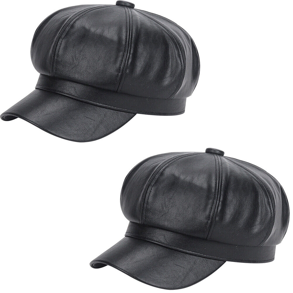 US 1-2Pc Women's PU Leather Plain Fineboy Cap Cabbie Visor Painter Hat Beret Hat