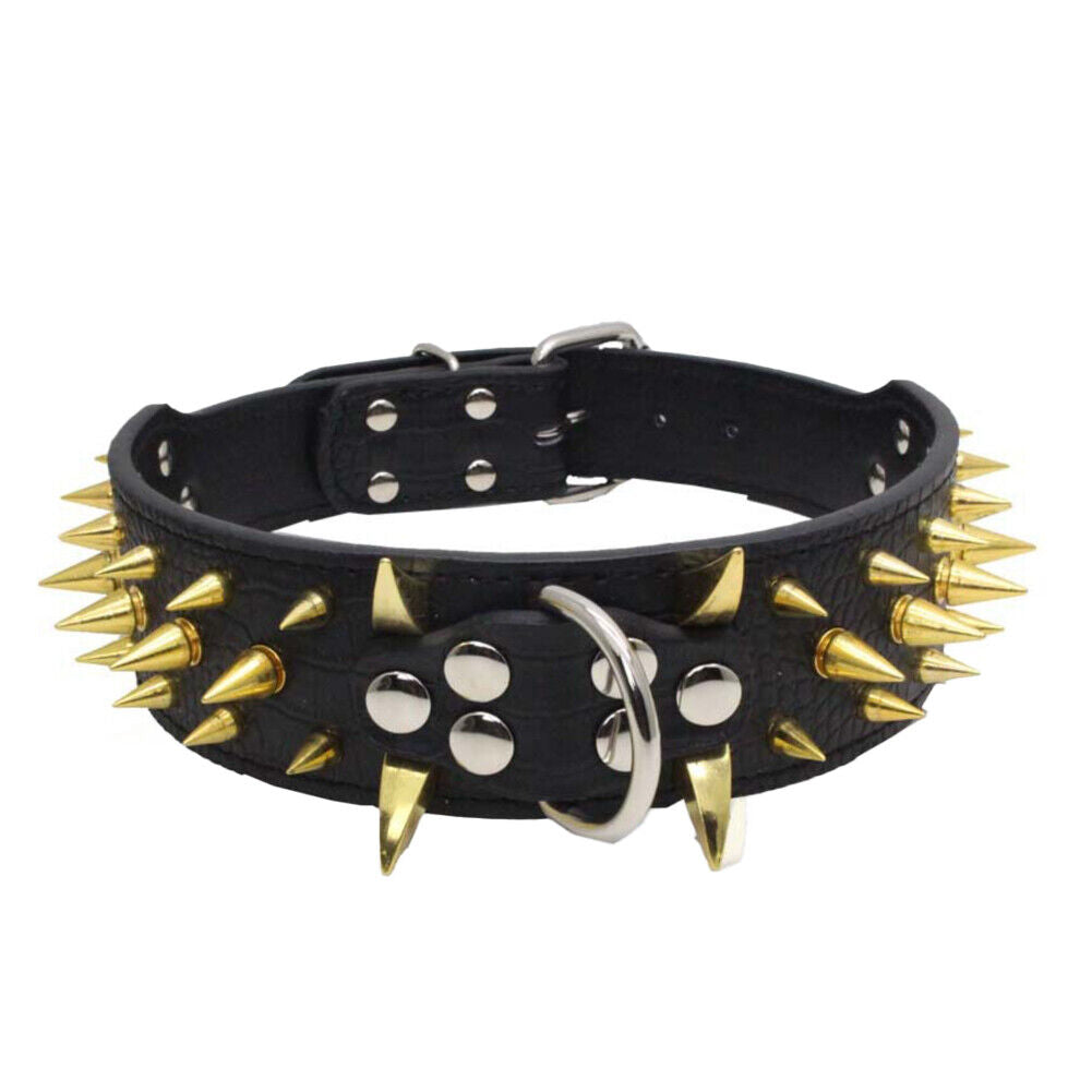 US Dog Collar Sharp Gold Spikes Spike Rivet Adjustable PU Leather 2" wide S M L