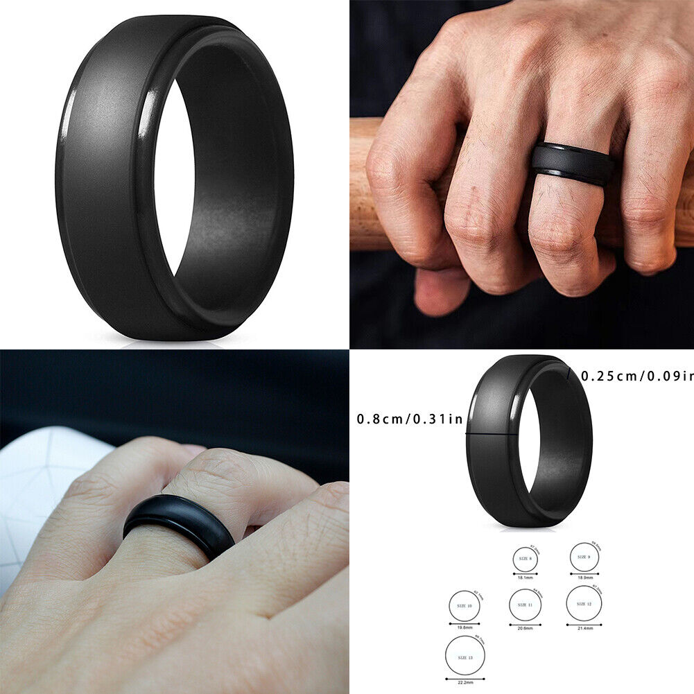 US 1-2 Pcs Men's Black Polish 9mm Silicone Wedding Ring Band Rubber Engagement