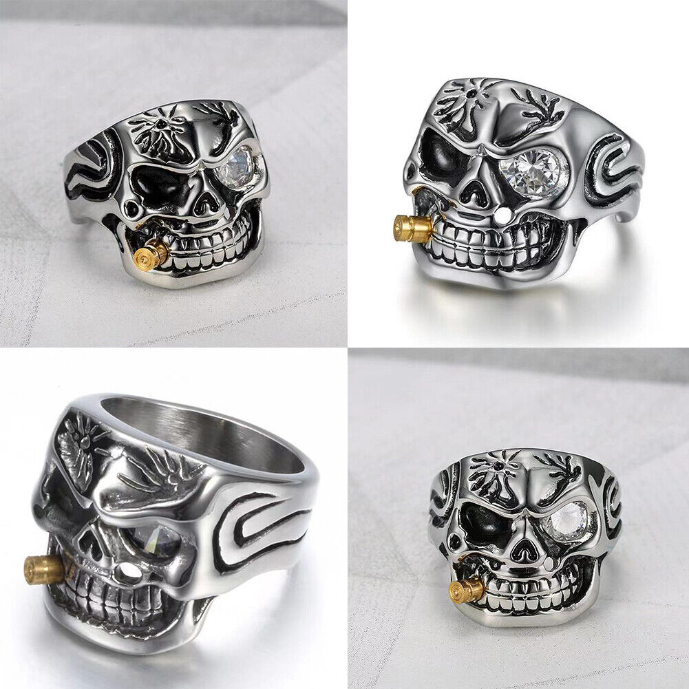 US 1-2Pc Goth Men Biker Punk CZ Smoking Skull Ring Men Stainless Steel Size 8-12