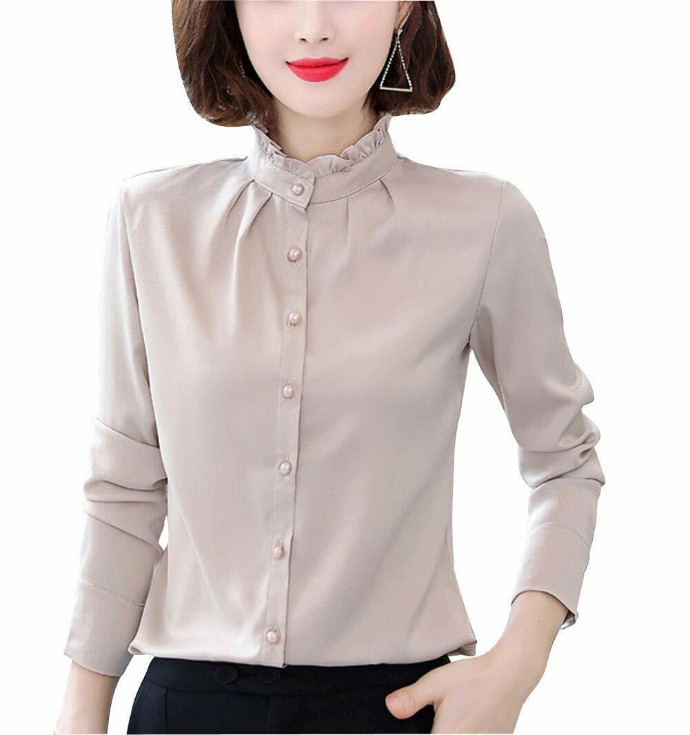 Women Vintage Pleated Collared Button Down Shirt Long Sleeve Blouse Stretch