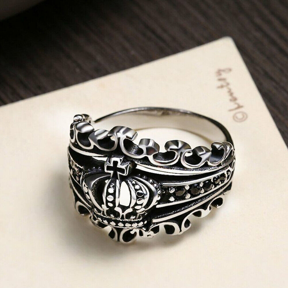 US 1-2 Pcs Mens Black CZ King Crown Ring Men Stainless Steel Size 7 8 9 10 11