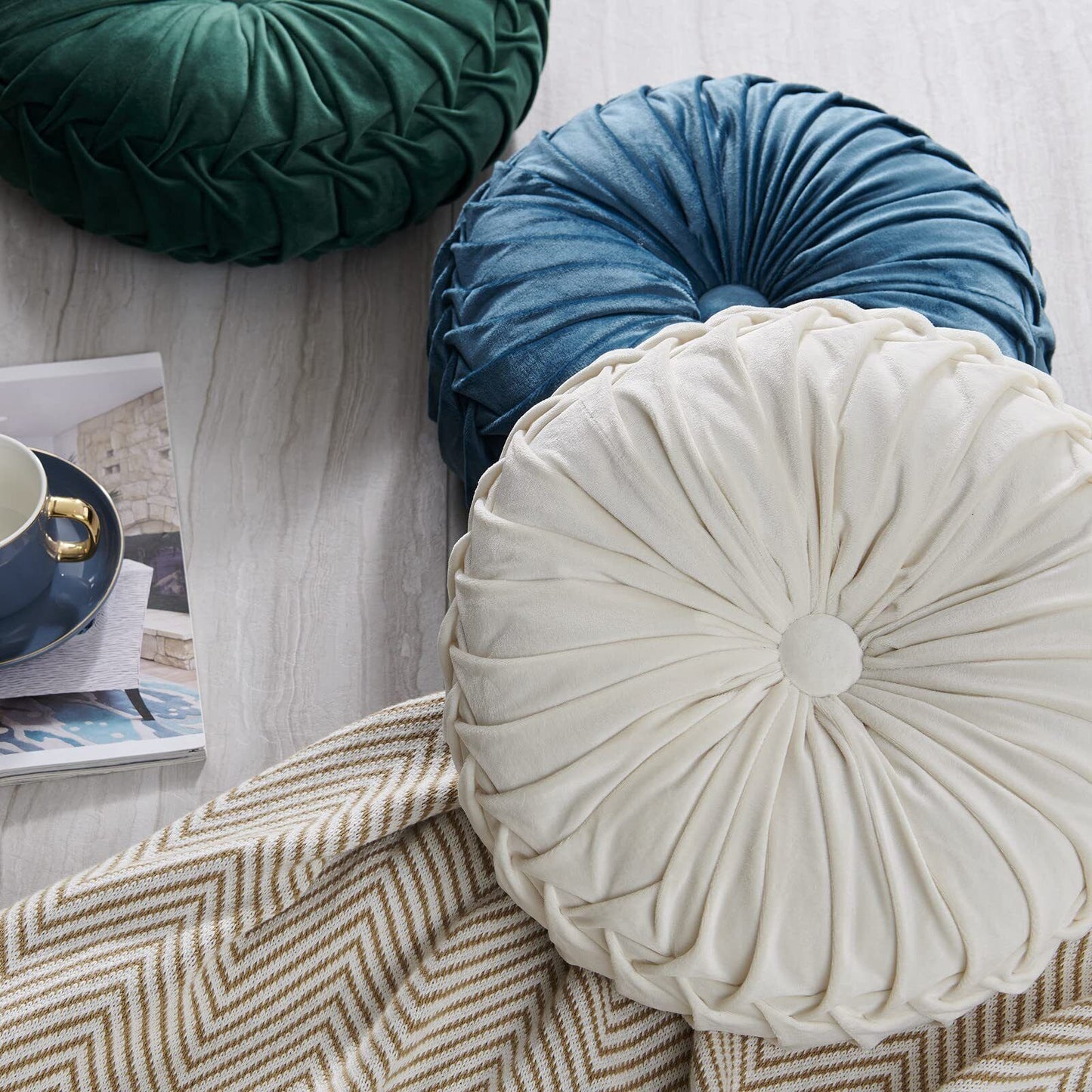 Round Throw Pillow Round Velvet Pillow Pleated Round Filled Pillow