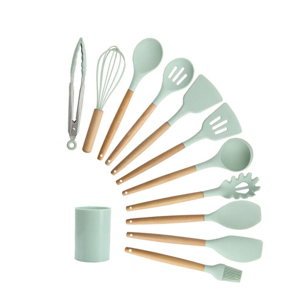 US 11 Pcs Kitchen Cooking Utensils Set Wooden Handle Silicone Heat Resistant