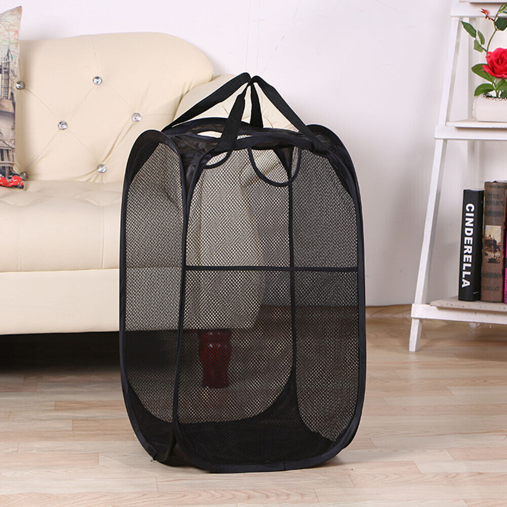 US 1-2 Pcs Laundry Baskets Foldable Pop Up Tidy Mesh Washing Laundry Basket Bag