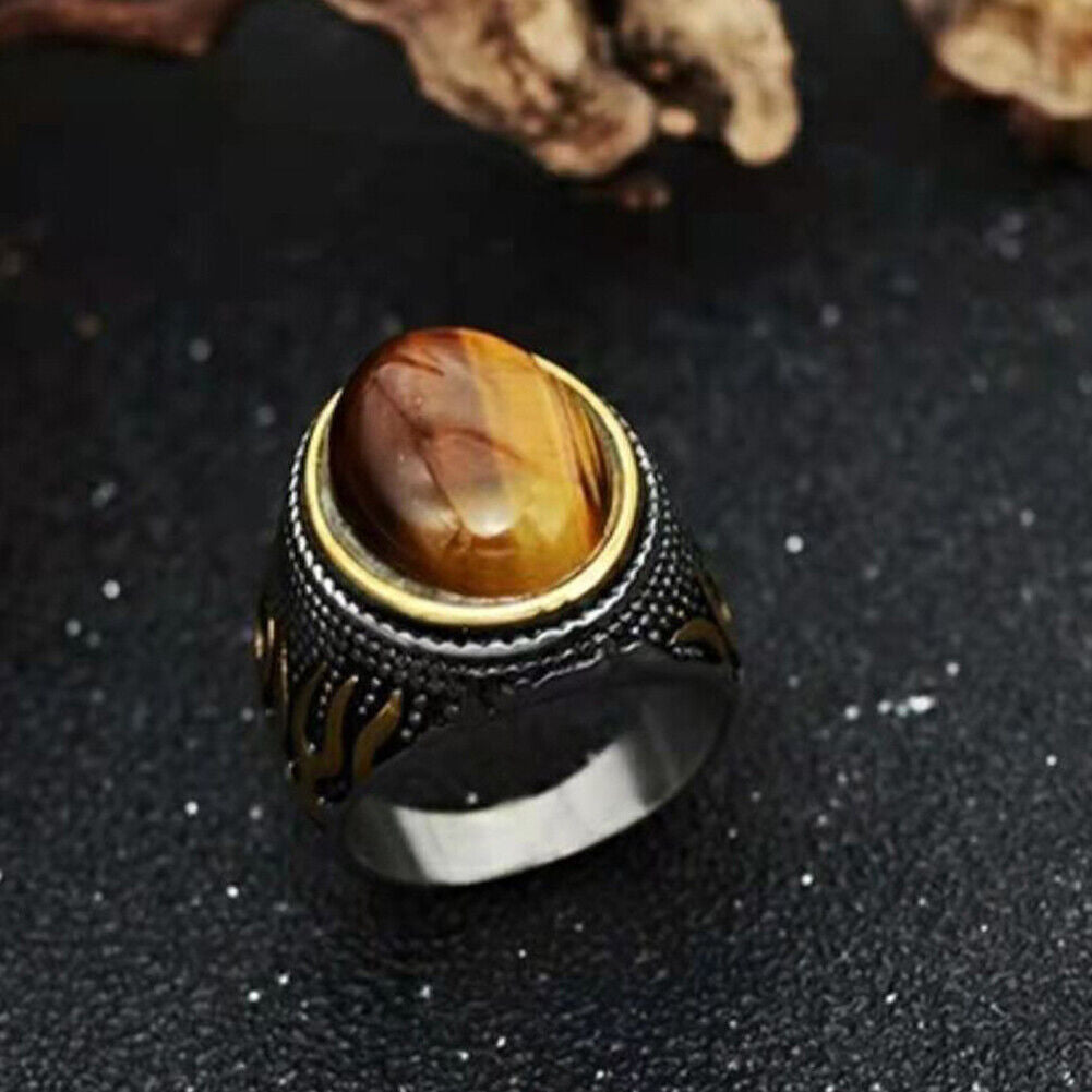 US 2Pc Mens Stainless Steel Gold Plated Oval Tiger Eye Stone Ring Size 7 8 9-11
