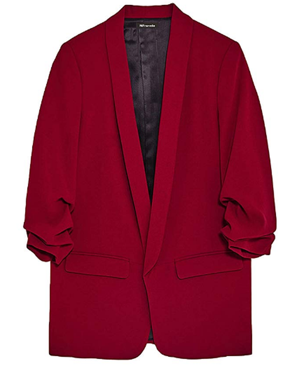 MFrannie Womens Solid Open Front Shirring 3/4 Sleeve Work Blazer