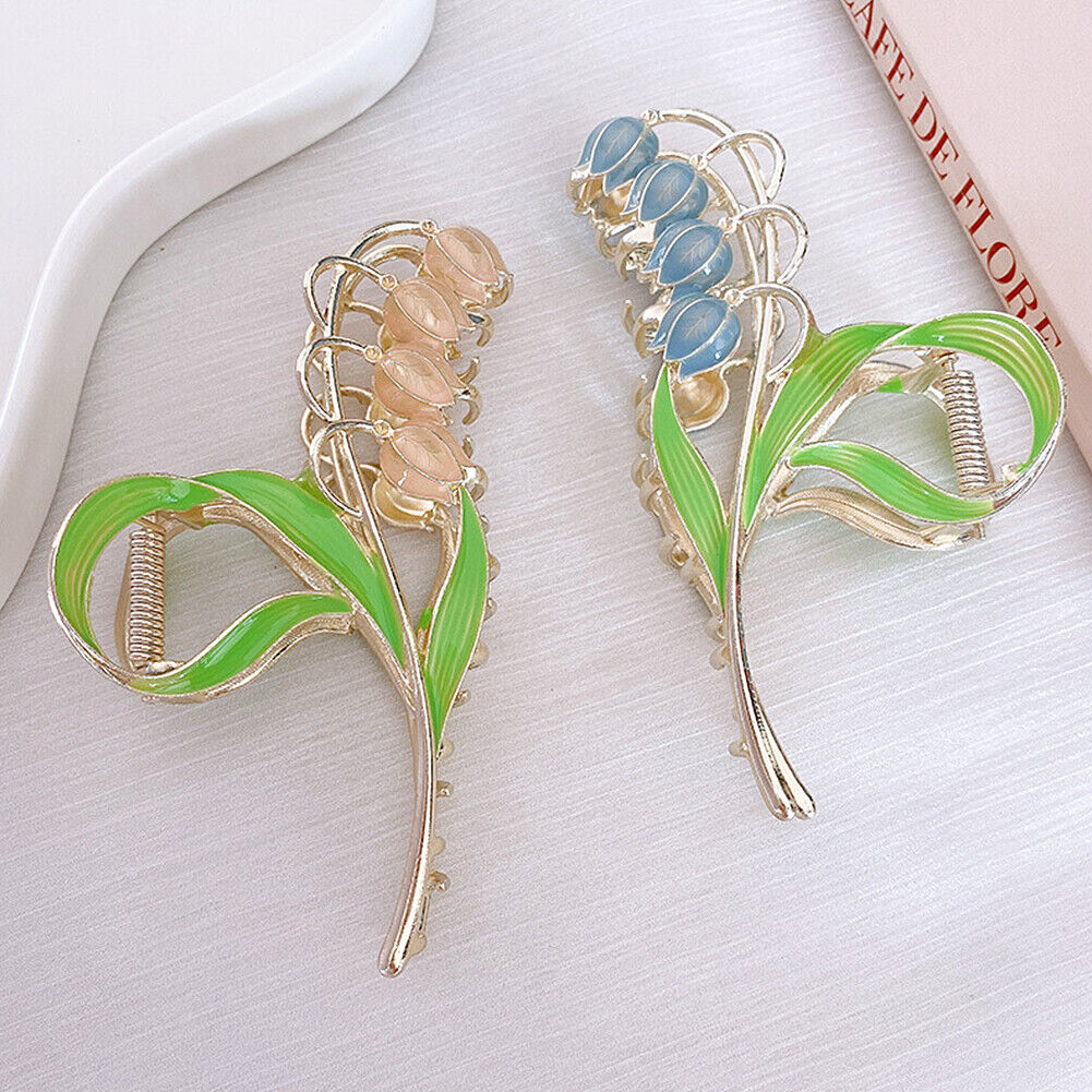 US 1~2Pcs Large Floral Flower Enamel Lily of The Valley Blossom String Hair Claw