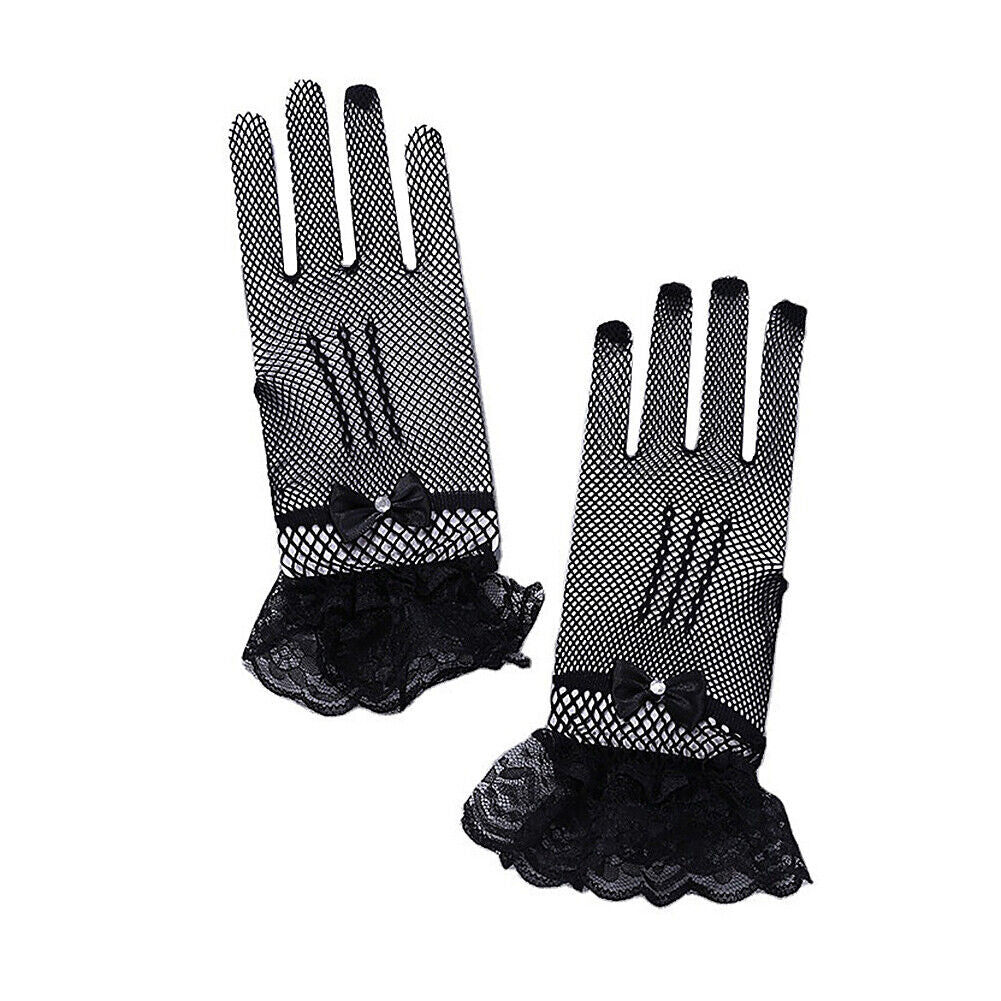 US 1~2 Pairs Ribbon Knot Short Lace Mesh Gloves Prom Bridal Wedding Party Events