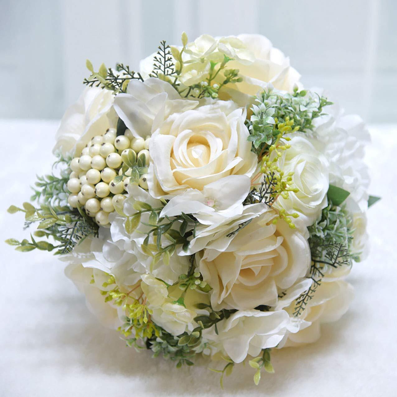 Bridal Holding Wedding Bouquet Real-Looking Mixed Flowers Ivory Greeneryet