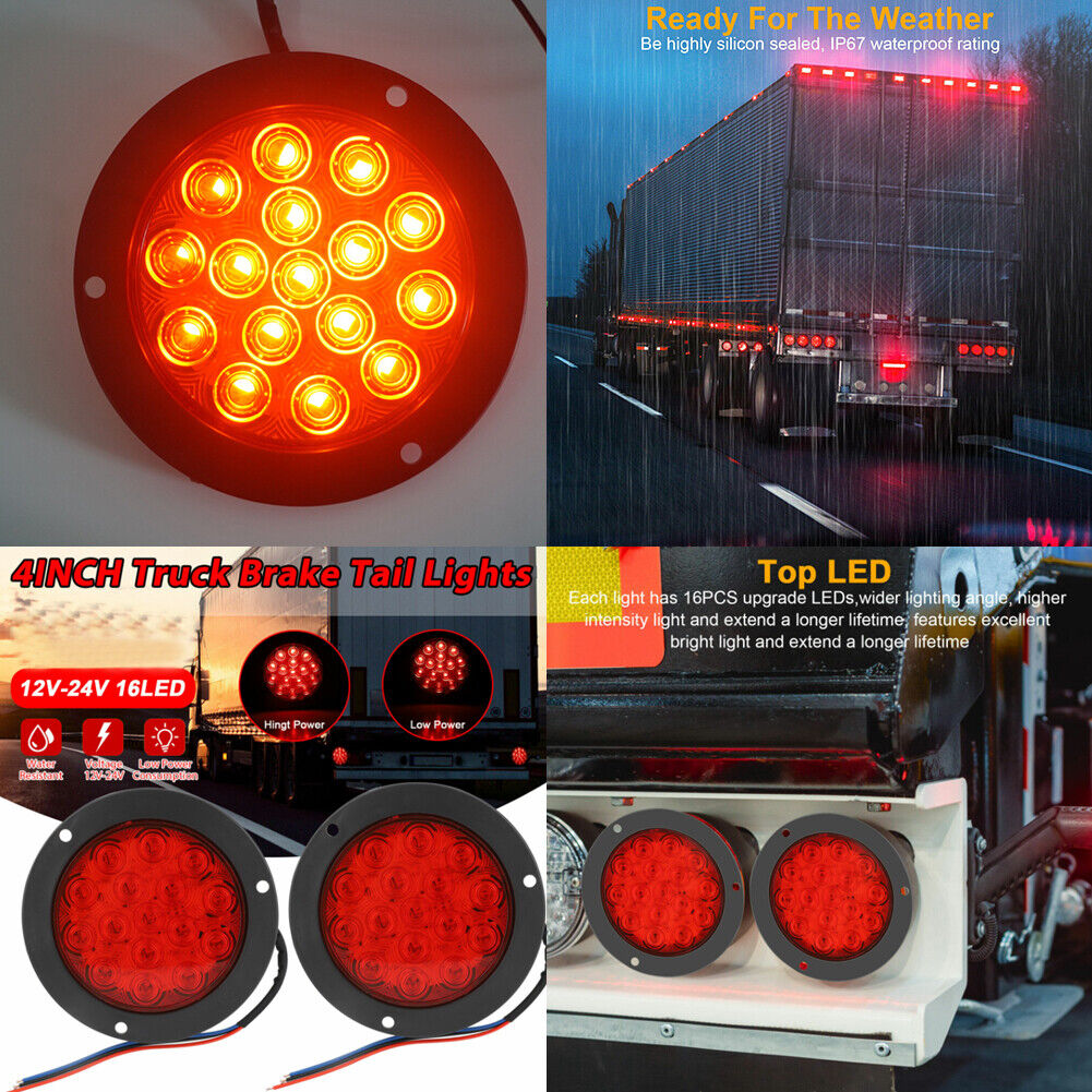 US 2-4 Pack 4" 16 LED Round Led Trailer Tail Brake Stop Turn Lights Waterproof