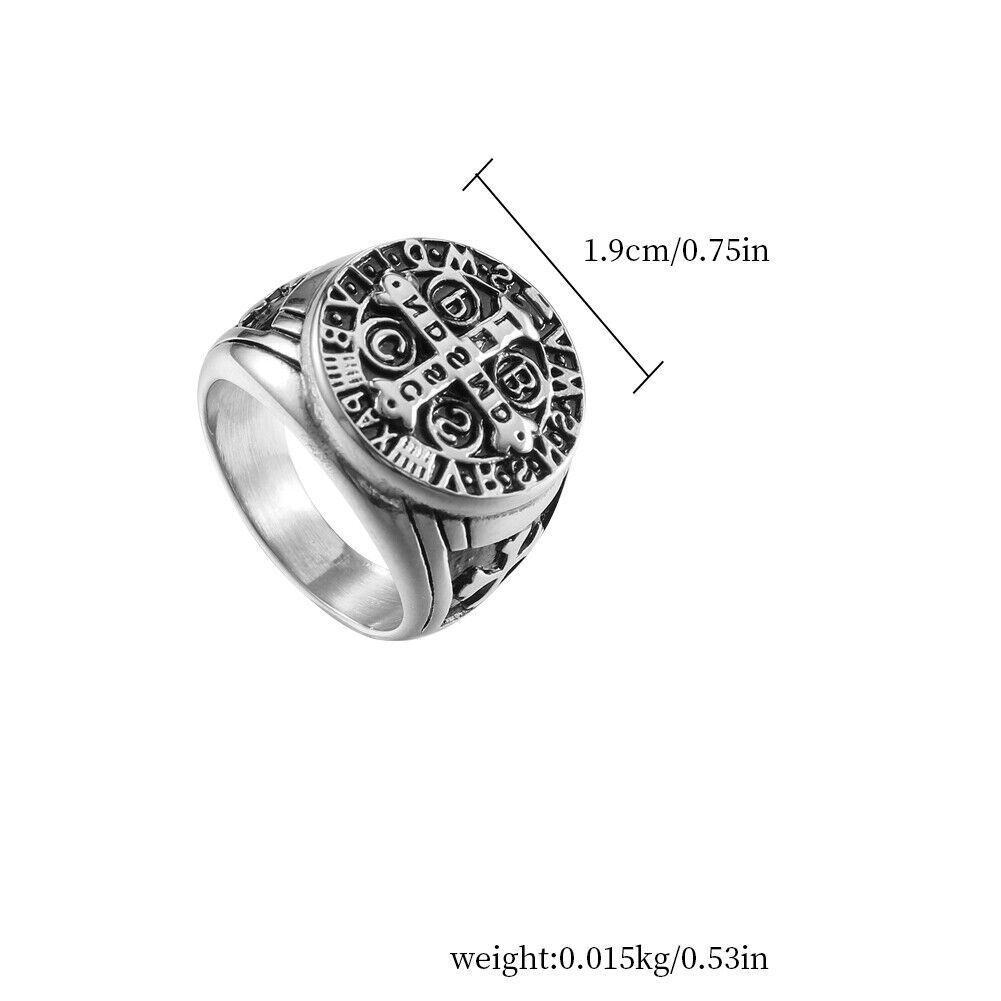 US St Benedict Exorcism Ring Silver Stainless Steel Catholic Roman Cross Demon