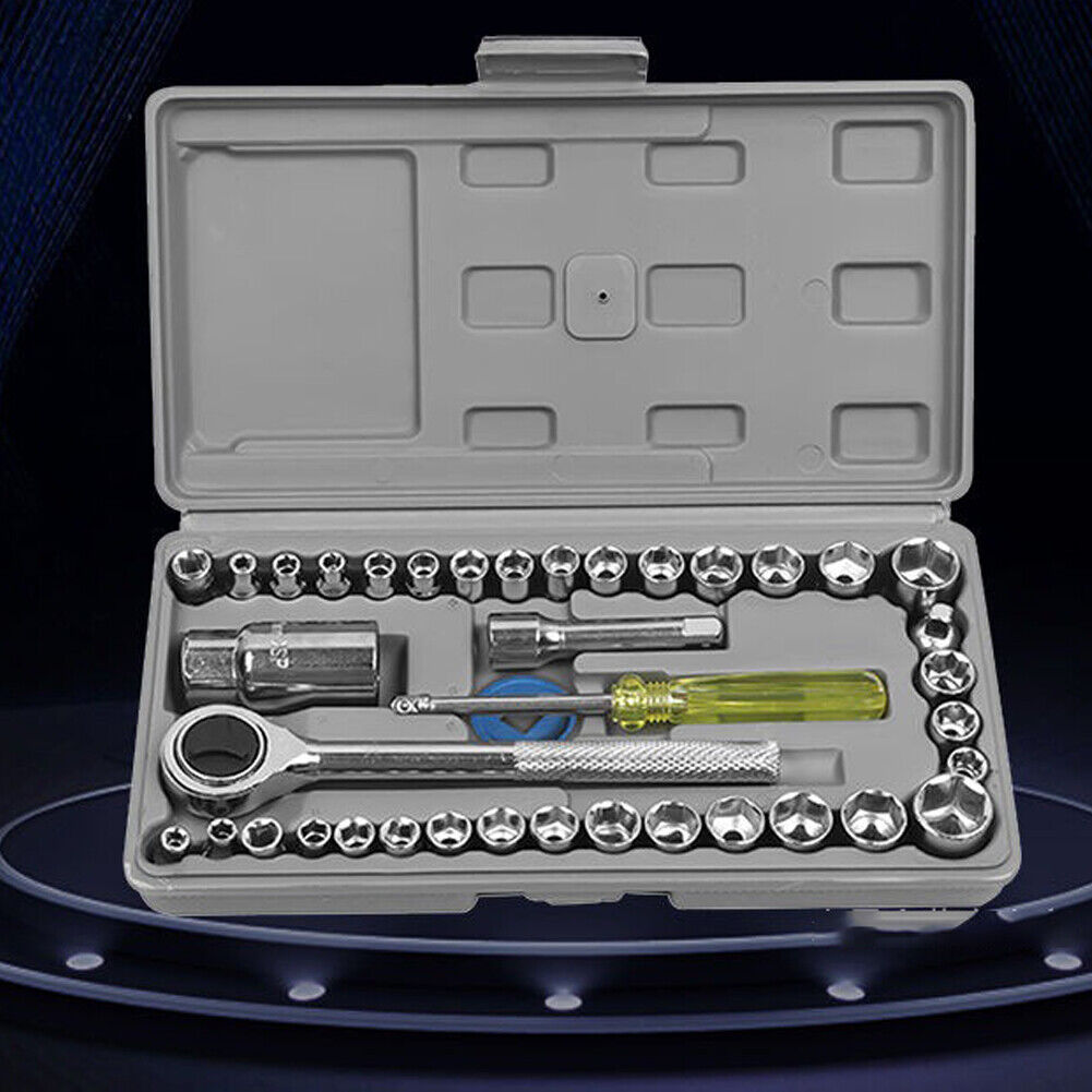 US 1-2Set of 40Pc Ratchet Wrench Socket Tool METRIC/SAE 1/4"3/8" Drive with Case