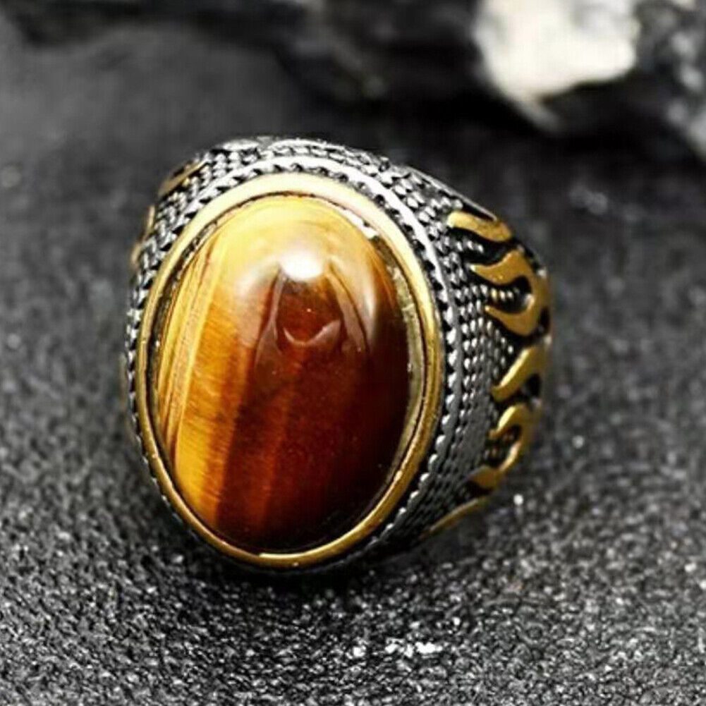 US 2Pc Mens Stainless Steel Gold Plated Oval Tiger Eye Stone Ring Size 7 8 9-11