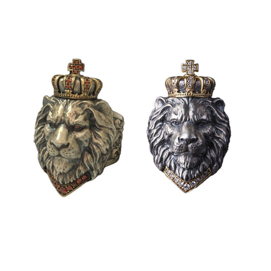 US2-4Pc Punk Animal King Crown Lion Ring Adjustable lion Head Jewelry 925 Silver