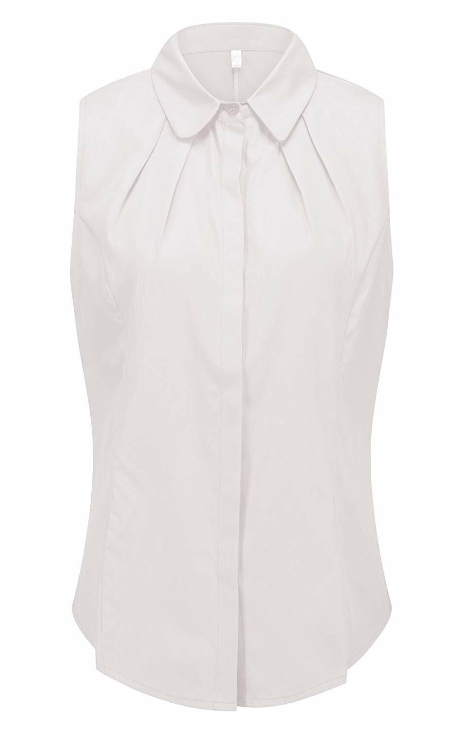 Women's Cotton Sleeveless Button Down Shirt Collared Pleated Blouse