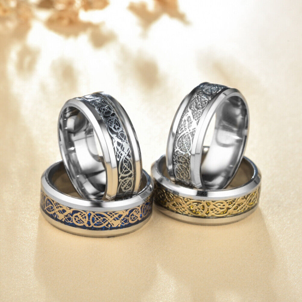 US 2-4 Pc Mens Celtic Blue Stainless Steel Dragon Wedding Band Ring Men Women