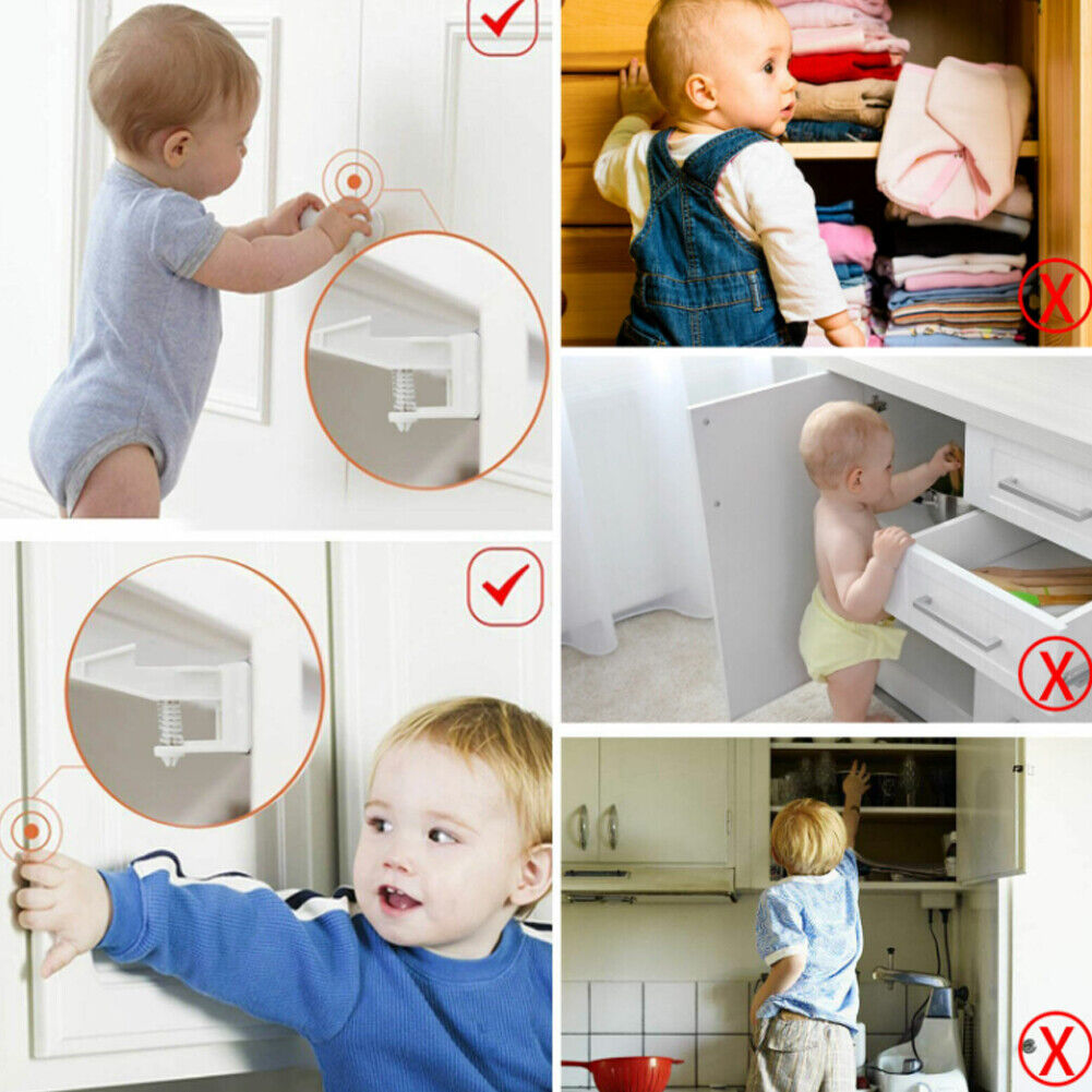 US 10-20 Pcs Set Baby Safety Cabinet Locks NO Drilling Adhesive Latches Drawer