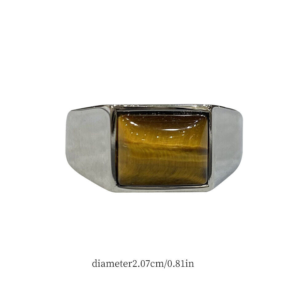 US Mens Stainless Steel Natural Tiger Eye Stone Ring For Men Size 7 8 8-11