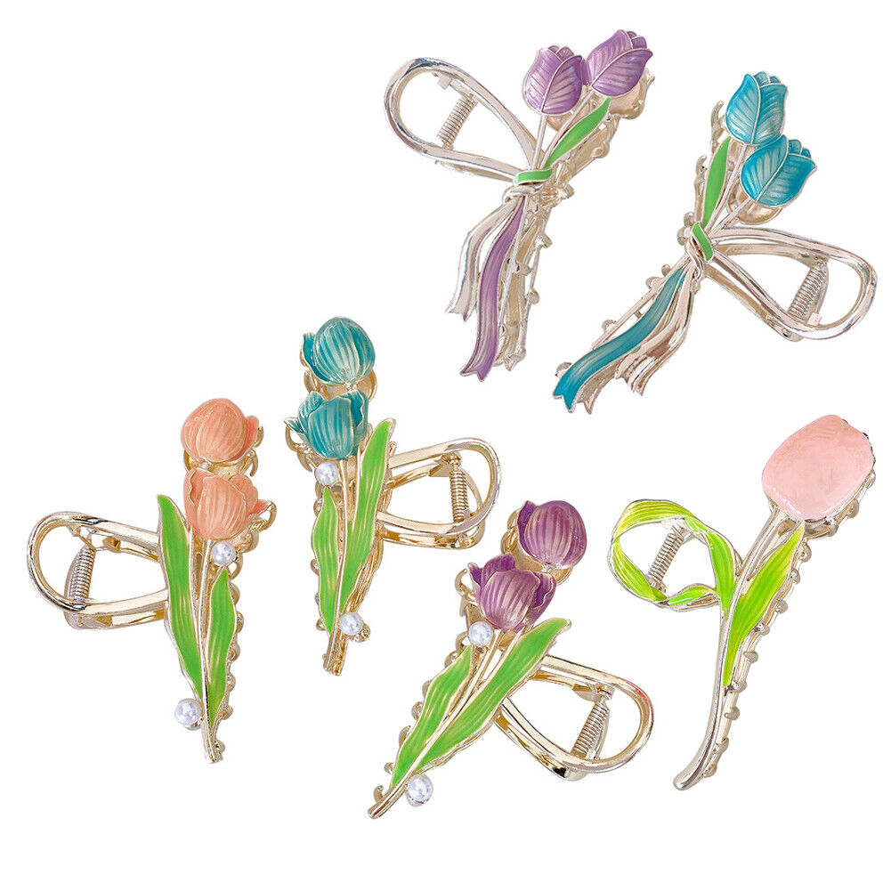 US 1~2 Pack Tulip Floral Enamel Large Metal Hair Claw Flower Blossom Hair Clips