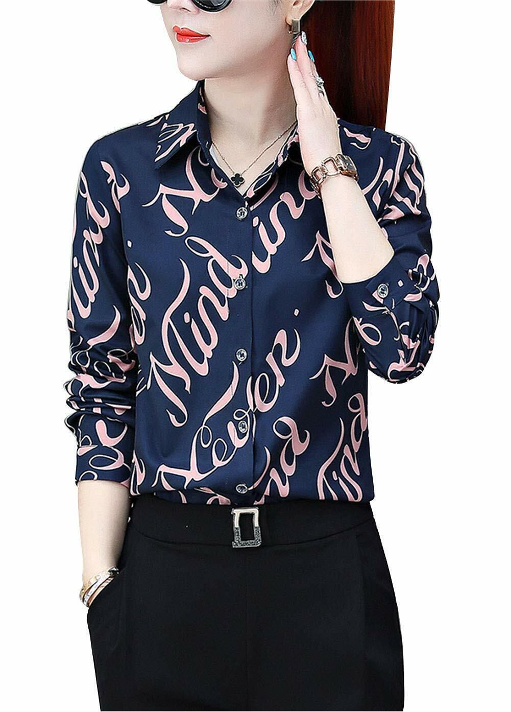 Women's Button Down Long Sleeve Printed Shirt Tailored Blouse