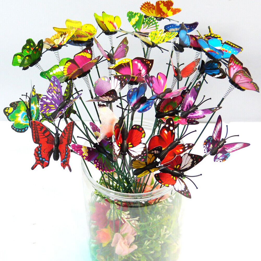 US100-200 Pack Butterfly Stakes Outdoor Yard Planter Flower Pot Bed Garden Decor