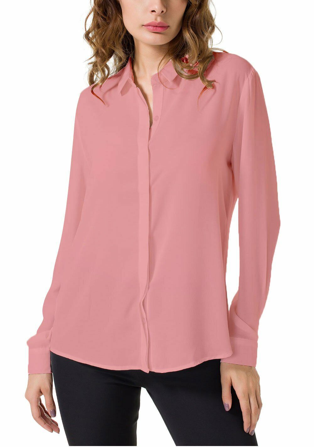 Women's Chiffon Casual Button Up Shirt Long Sleeve Loose Cuffed Blouse