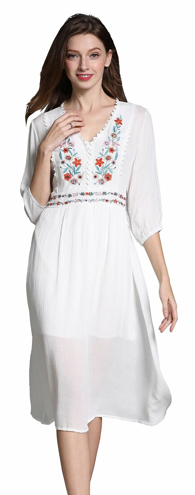 Women's Short Sleeve Mexican Embroidered Floral Pleated A-line Cocktail Dress