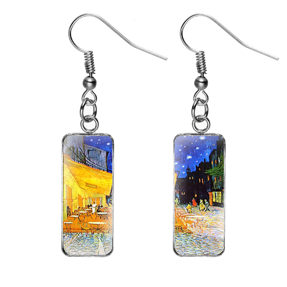 US Rectangle Starry Sky Sunflower Van Gogh Painting Glass Drop Dangle Earrings