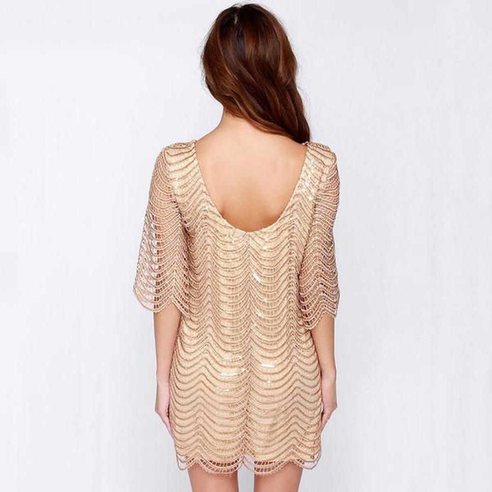 HaoDuoYi Womens Sparkle Sequin Hollow Out Short Sleeves Mini Party Dress