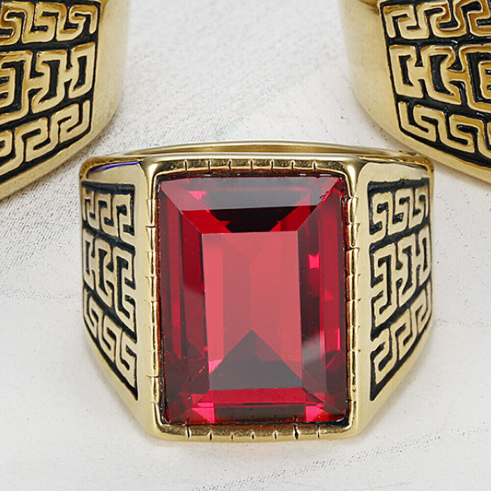 US Men Gold Plated Stainless Steel Red CZ Crystal Stone Ring Men Size 7-11