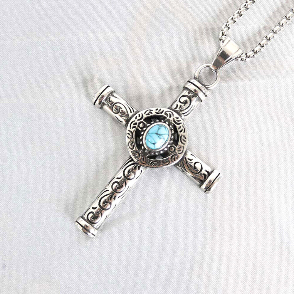 US Men Celtic Norse Turquoise Cross Stainless Steel Necklace Gothic Pendant