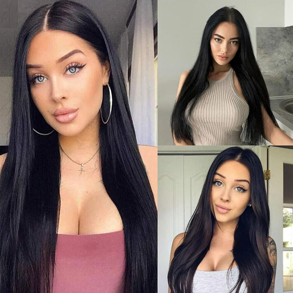 US 1-2 Pack Women Black Long Straight Heat Resistant Human Hair Wig Natural