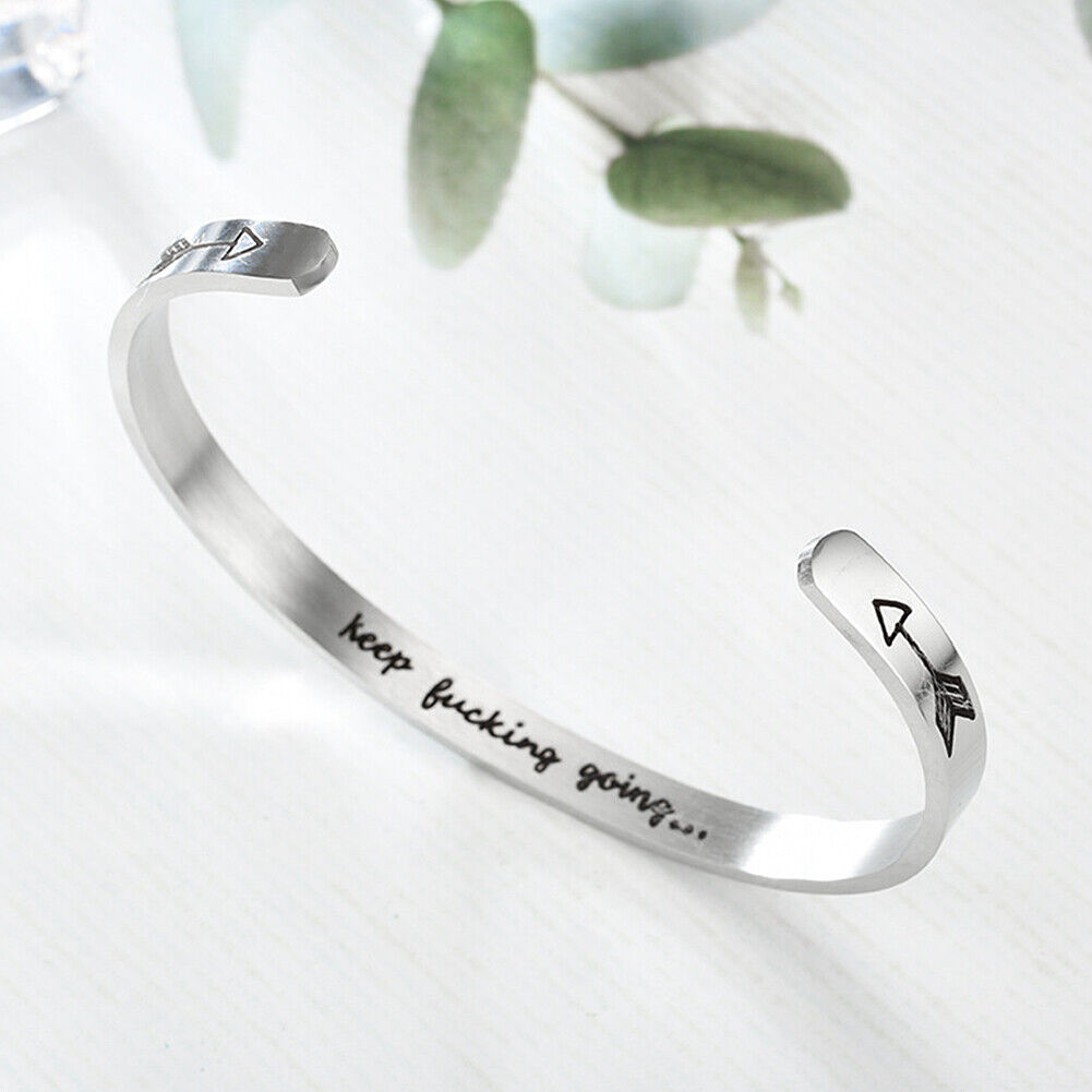 US 2-4 Pack Bangle Bracelet Open Cuff Inspirational Keep Going Letter Engraved