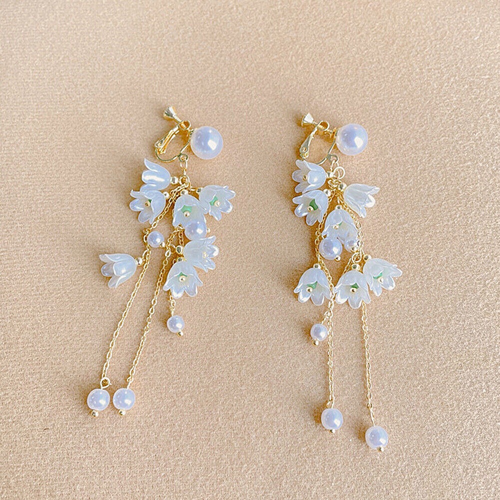 US White Fairy Flower Earrings Lily of the Valley w/ Pearl Long Tassel Earrings
