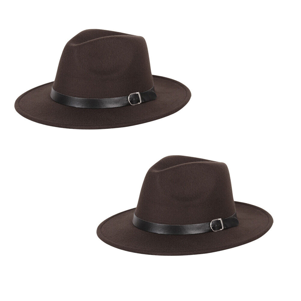 US 1-2 Pcs Wide Brim Fedora Hat Water Resistant Leather Band Winter Fall Western