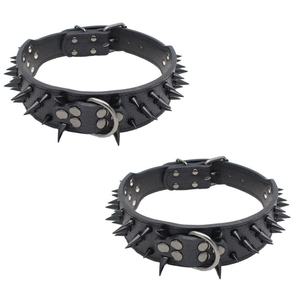 US Dog Collar Sharp Gold Spikes Spike Rivet Adjustable PU Leather 2" wide S M L