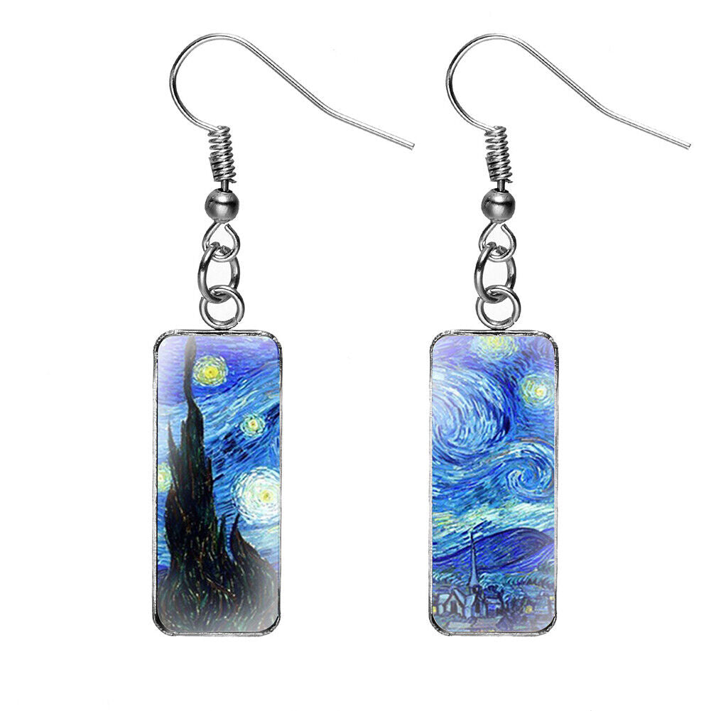 US Rectangle Starry Sky Sunflower Van Gogh Painting Glass Drop Dangle Earrings