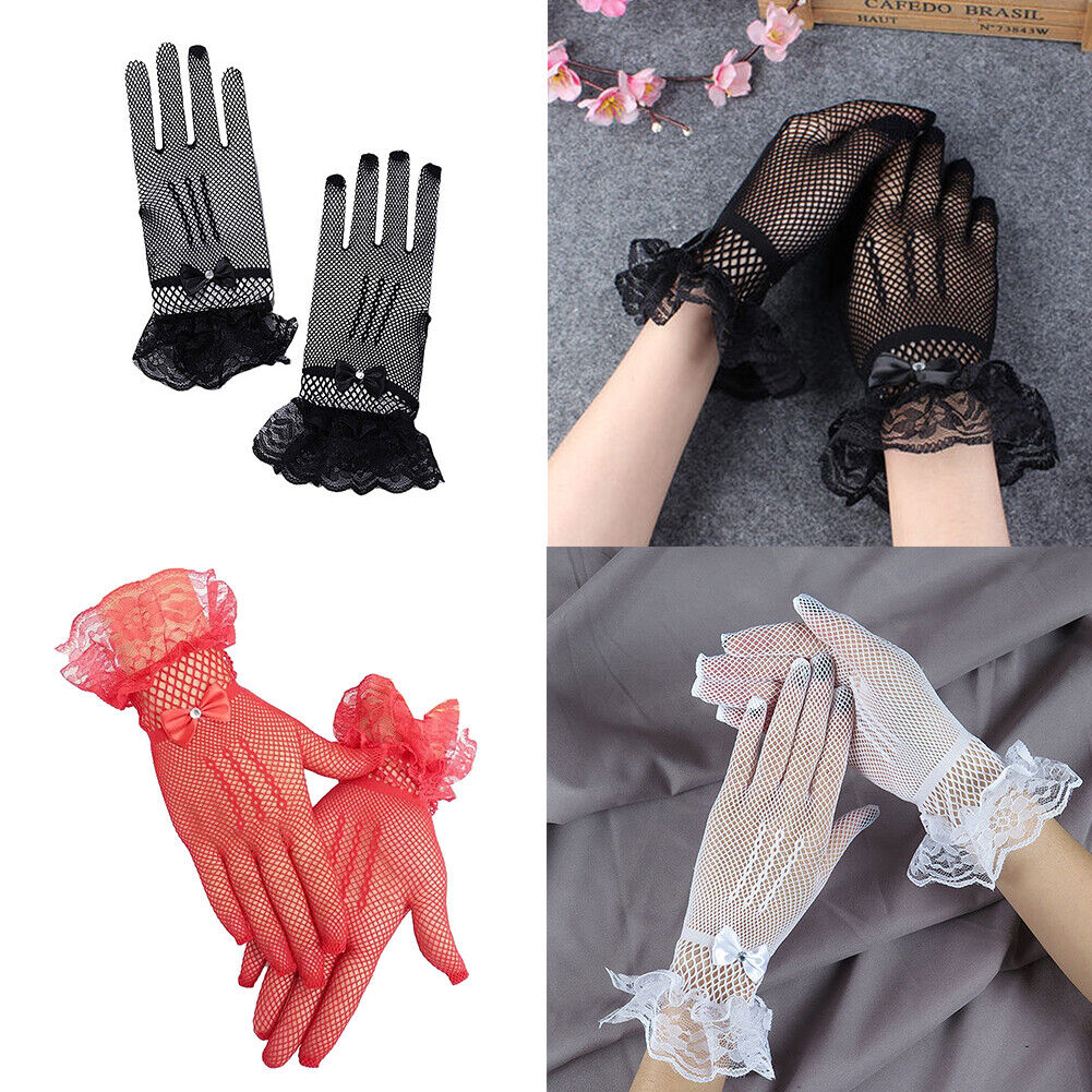 US 1~2 Pairs Ribbon Knot Short Lace Mesh Gloves Prom Bridal Wedding Party Events