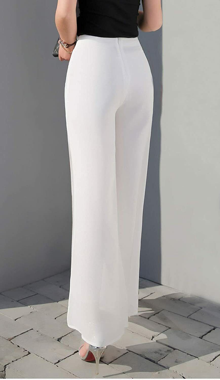 Womens Chiffon Elastic Waist Fold-Over Elephant Flare Wide Leg Trousers Pants