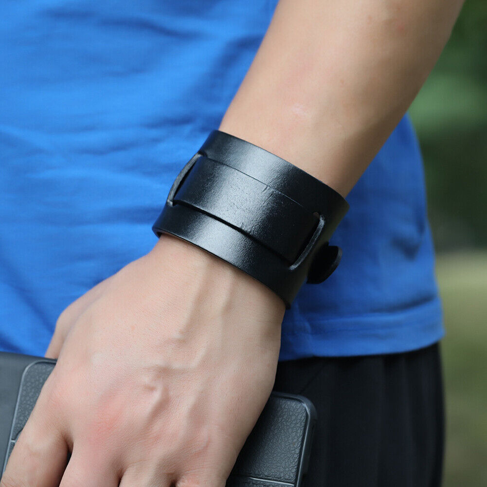 US 1-2 Pc Men's Punk Wide Genuine Leather Belt Wristband Bangle Cuff  Adjustable