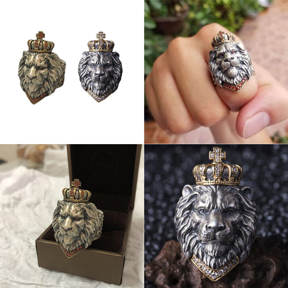 US2-4Pc Punk Animal King Crown Lion Ring Adjustable lion Head Jewelry 925 Silver