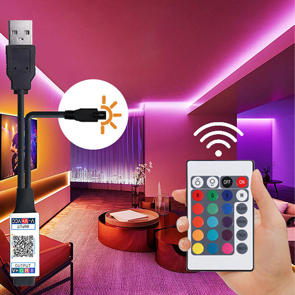 US 1-2 Pack 5V USB LED Strip Lights TV Back Light 5050 RGB Colour With Remote