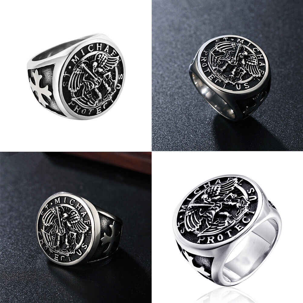 US 1-2 Pack Saint Michael Archangel Ring Vintage Stainless Steel Faith Bands Men